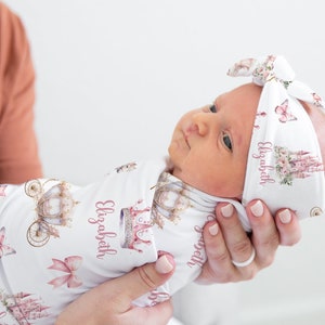 Baby Girl Princess Swaddle Set- Personalized Baby Girl Swaddle Blanket with Princess Castle - Hospital outfit -Fairy Tale Name blanket- S353