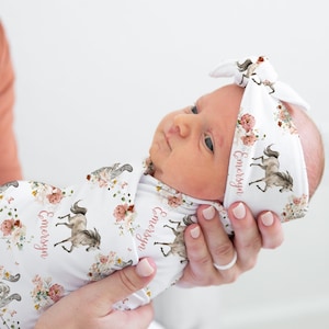 Floral Horse Swaddle Set- Personalized Baby Girl Swaddle Blanket & Headband -Wild Horses and Wildflowers Hospital outfit -Name blanket- S355
