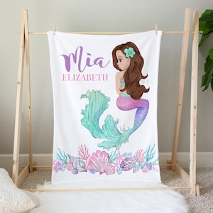 Mermaid Blanket with Name -Personalized Baby Girl Blanket -Mermaid Toddler Blanket- Black Mermaid Baby Bedding - Baby Name Blanket-
