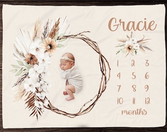 Boho mijlpaal deken meisje - maand deken-gepersonaliseerde babymeisje deken - aangepaste babyshower cadeau - neutraal boho kwekerij pasgeboren cadeau