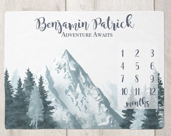 Mountain Milestone Blanket Boy Monthly Growth Blanket-Personalized Baby Boy Blanket with Moon and Trees Nature Scene- Baby Shower Gift