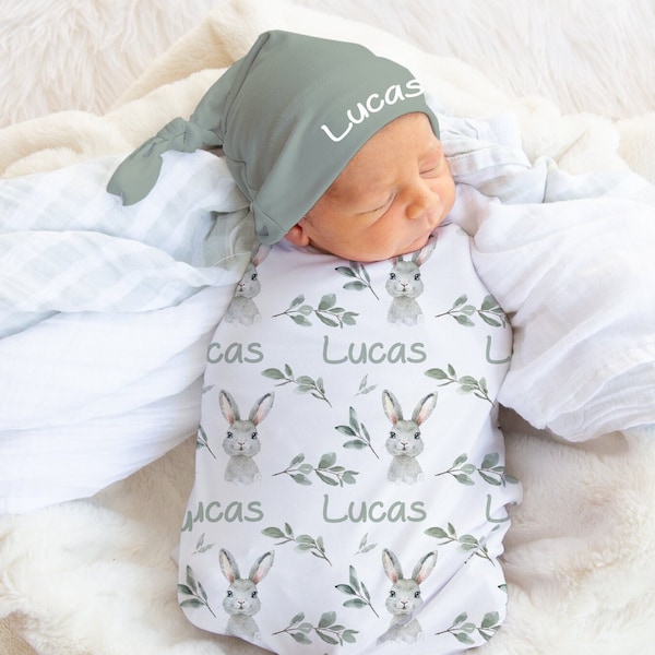 Baby Boy Rabbit Swaddle Set with Name- Blanket Beanie Hat -Personalized Baby Boy Blanket -Newborn Hospital Photo -Rabbit Baby Shower Gift