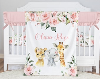 Personalized Baby Girl Blanket Monogrammed Baby Blanket Girl -Floral Safari -Baby Shower Gift -Baby Name Blanket-Safari Animals Baby Bedding