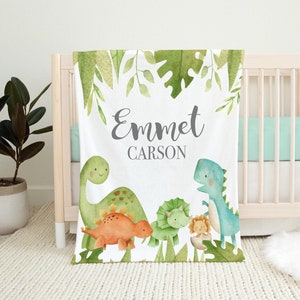 Personalized Dinosaur Baby Blanket Boy- Dino Blanket with Name- T-Rex, Long Neck Animals -Dinosaur Baby Shower Gift -Dinosaur Baby Bedding
