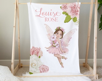 Fairy Blanket with Name -Personalized Baby Girl Blanket - Little Girl Fairy Blanket- Black Fairy Baby Bedding -Woodland Fairy Gift for Girl