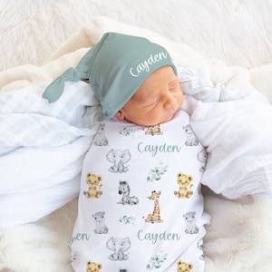 Safari Animal Swaddle Blanket Hat Set baby Shower Gift Hospital Name Announcement personalized Baby Boy Blanket With Elephant Lion SW114 Etsy