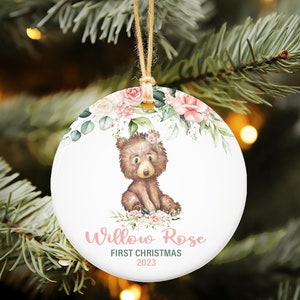 Floral Woodland First Christmas Ornament for Baby Girl -Personalized Baby Girl Bear Christmas Bauble -New Baby Holiday Ornament- Forest O46