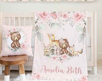 Personalized Woodland Baby Blanket, Baby Girl Woodland Animals Blanket, Floral Forest Nursery Blanket, Deer Bear Fox  Baby Shower Gift 328