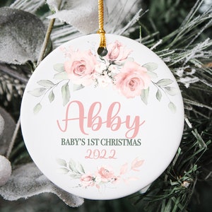 Floral Baby&#39;s Girl First Christmas Ornament - Personalized Baby Girl Christmas Ornament - New Baby Gift- Holiday Bauble-  My 1st Christmas