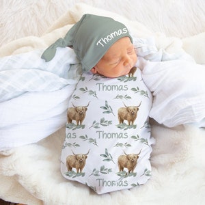 Baby Boy Highland Cow Swaddle Set with Name- Blanket Beanie Hat -Personalized Baby Boy Blanket -Newborn Hospital Photo -Farm Baby Shower