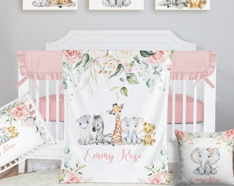 Safari Crib Bedding Set, Personalized Baby Girl Blanket, Safari Animal Nursery Set Baby Girl Bedding Set Safari Crib Sheet, Elephant Bedding