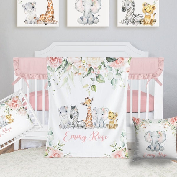 Safari Crib Bedding Set, Personalized Baby Girl Blanket, Safari Animal Nursery Set Baby Girl Bedding Set Safari Crib Sheet, Elephant Bedding