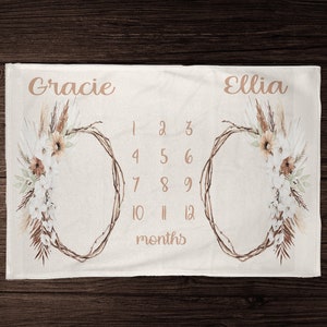 Manta bohemia de hitos para niñas gemelas, manta de mes, manta personalizada para niña, regalo de baby shower personalizado, regalo de guardería bohemia neutral para recién nacidos