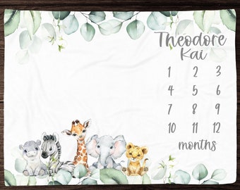 Safari Animal Milestone Blanket Boy Monthly Photos Blanket-Personalized Baby Boy Blanket with Watercolor Safari Animals Baby Shower Gift 330