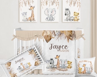 Boho Safari Krippe Bettwäsche Set, personalisierte Safari Kinderzimmer, Safari Tier Baby Bettwäsche Set, Baby Jungen Bettwäsche Krippe Bettwäsche Babytiere CS305