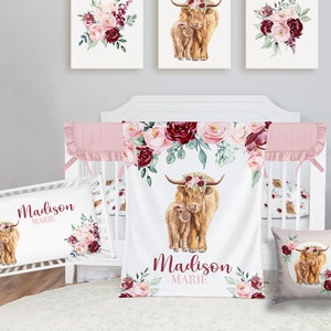 Baby Girl Crib Bedding Set,Personalized Highland Cow Crib Bedding Set, Farm Nursery Bedding Set, Burgundy Blush Floral Baby Blanket  -327