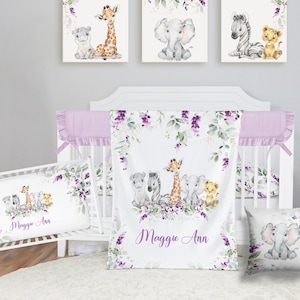 Safari Crib Bedding Set, Personalized Baby Girl Blanket, Safari Animal Nursery Set, Lavender floral Safari Crib Sheet, Elephant Bedding -325