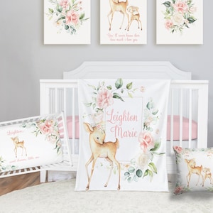 Floral Woodland Bedding Set, Personalized Baby Girl Blanket, Floral Deer Nursery Set Baby Girl Bedding Set Deer Crib Sheet, Fawn Bedding