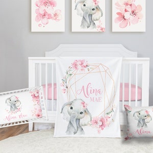 Floral Elephant Crib Bedding Set, Personalized Baby Girl Blanket, Cherry Blossom Nursery -Elephant Nursery Set -Baby Girl Bedding Set
