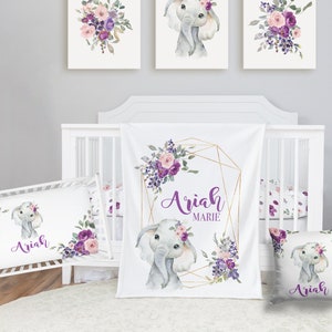 Elephant Baby Bedding Set, Purple Crib Bedding Set, Plum Floral Elephant Bedding, Personalized Crib Bedding Girl Floral Elephant Nursery