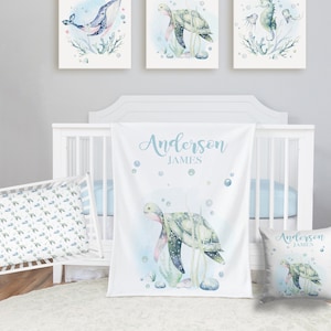 Sea Turtle Bedding Set, Under The Sea Nursery, Sea Animal Baby Boy Bedding Set,  Crib Sheet, Personalized Baby Boy Blanket, Baby Shower Gift