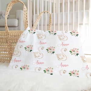 Swan Baby Blanket with Name- Baby Girl Blanket - Personalized Baby Blanket Girl- Floral Baby Blanket  Swan Nursery -Baby Shower Gift