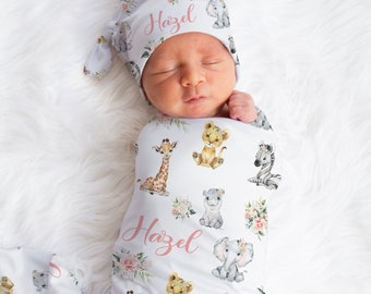 Baby Girl Safari Swaddle Set with Name- Blanket Beanie Hat Set -Personalized Baby Girl Blanket -Newborn Name reveal -Floral Safari Blanket