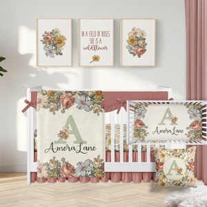 Vintage Floral Crib Bedding Set, Baby Girl Crib Bedding, Boho Crib Bedding, Custom Floral Nursery, Rust Mustard Baby Girl Blanket,  350