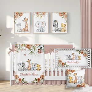 Safari Crib Bedding Set, Personalized Baby Girl Blanket, Safari Animal Nursery Set Baby Girl Bedding Set Safari Crib Sheet, Elephant 314