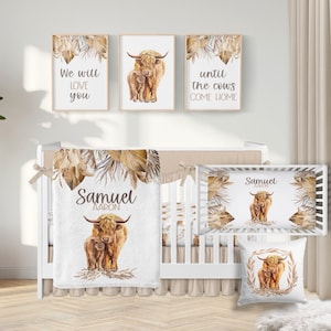 Highland Cow Crib Bedding Set, Personalized Boho Nursery, Farm Animal Baby Bedding Set, Baby Boy Crib Bedding Set Highland Cow Nursery CS311