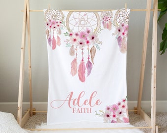 Personalized Baby Girl Blanket - Boho Floral Baby Blanket Girl with Name -Dreamcatcher Baby Blanket - Name Reveal- Boho baby Shower Gift