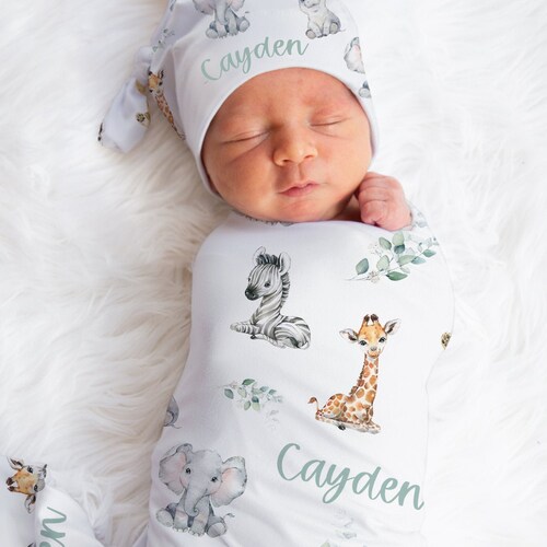 Baby Boy Swaddle Set With Name Blanket Beanie Hat Etsy