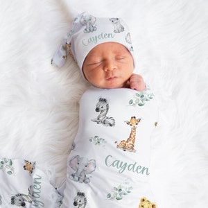 Baby Boy Swaddle Set with Name- Blanket Beanie Hat - Personalized Baby Boy Blanket -Newborn Hospital Photo -Safari Blanket- Baby Shower Gift