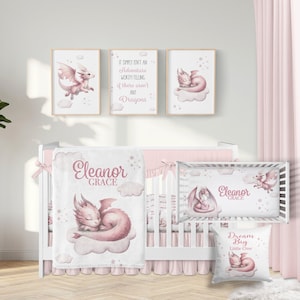 Baby Girl Dragon Crib Bedding Set, Personalized Baby Girl Blanket, Blush Pink Sleeping Dragon Nursery Set, Custom Baby Girl Nursery Set -341