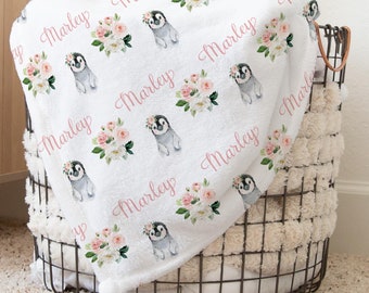 Penguin Baby Blanket with Name- Baby Girl Blanket - Personalized Baby Blanket Girl- Floral Baby Blanket  Penguin Nursery -Baby Shower Gift