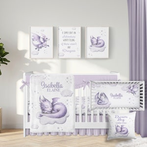 Baby Girl Dragon Crib Bedding Set, Personalized Baby Girl Blanket, Purple Sleeping Dragon Nursery Set, Custom Baby Girl Nursery Set -359