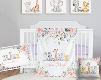 Safari Crib Bedding Set, Personalized Baby Girl Blanket, Safari Animal Nursery Set Baby Girl Bedding Set Safari Crib Sheet, Elephant Bedding