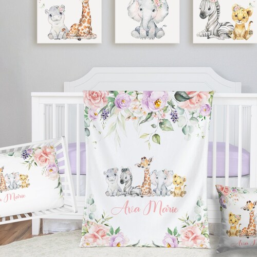 Safari Crib Bedding Set Personalized Baby Girl Blanket Etsy