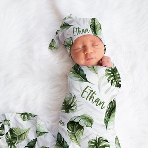 Baby Boy Swaddle Set with Name- Blanket Beanie Hat - Personalized Baby Boy Blanket -Newborn Hospital Photo -Jungle Blanket- Baby Shower Gift