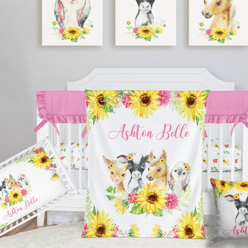 Farm Animals Blush Pink Floral Baby Girl Nursery Crib Bedding Etsy