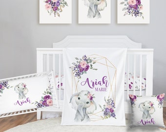 Elephant Baby Bedding Set, Purple Crib Bedding Set, Plum Floral