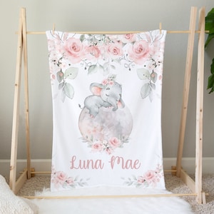 Personalized Baby Girl Blanket, Floral Elephant Blanket, Elephant Sleeping on Moon, Custom Baby Girl Shower Gift, Safari Name Blanket -321