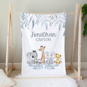 Personalized Safari Blanket Boy Baby Blanket Boy -Jungle Animals -Baby Shower Gift -Toddler Name Blanket-Safari Animals Baby Bedding -329