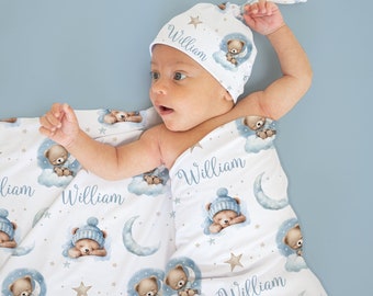 Baby Boy Swaddle Blanket Set - Personalized Swaddle Set with Sleeping Teddy Bears - Personalized Baby Boy Blanket -Coming Home Outfit 340