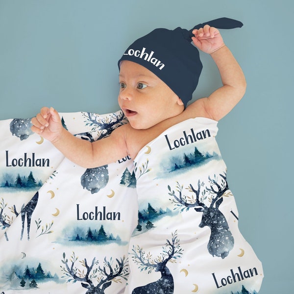 Woodland Baby Boy Swaddle Set with Name-Beanie Hat -Personalized Baby Boy Blanket with Watercolor Deer and Mountains -Newborn Hospital Photo