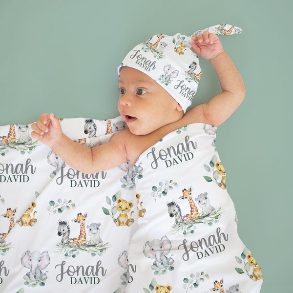 Safari Animal Swaddle Set - Personalized Swaddle Blanket with Knotted Beanie - Jungle Animals- Elephant Baby Gift- Coming Home Outfit s344