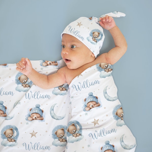 Baby Boy Swaddle Blanket Set - Personalized Swaddle Set with Sleeping Teddy Bears - Personalized Baby Boy Blanket -Coming Home Outfit 340