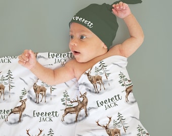 Conjunto de pañales de ciervo con nombre, gorro de manta, manta de ciervo personalizada para bebé, foto de hospital para recién nacidos, manta de bosque, regalo para bebé, 326