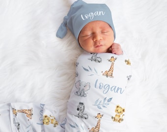 Conjunto de manta para bebé niño con nombre, gorro y manta personalizada, foto de hospital para recién nacido, manta safari, regalo para bebé s329
