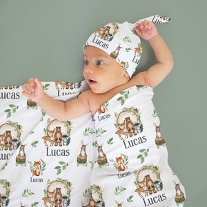Personalized Woodland Swaddle Set - Personalized Swaddle Blanket with Knotted Beanie -Forest Creatures Baby Blanket- Coming Home Outfit s346